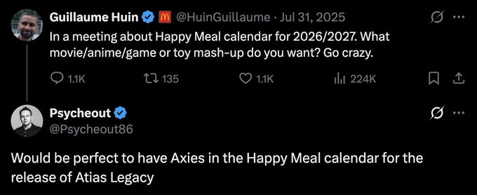 A Twitter/X post by Guillaume Huin (@HuinGuillaume) from Jul 31, 2025, asking about McDonald's Happy Meal calendar ideas for 2026/2027, with a reply from Psychoeut (@Psycheout86) suggesting 'Axies in the Happy Meal calendar for the release of Atlas Legacy.'