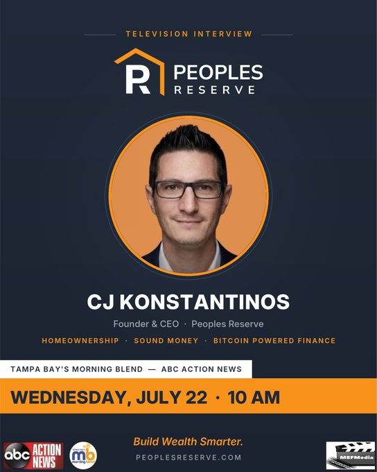 Promotional graphic for a television interview featuring CJ Konstantinos, Founder & CEO of Peoples Reserve, on Tampa Bay's Morning Blend (ABC Action News) on Wednesday, July 22 at 10 AM.