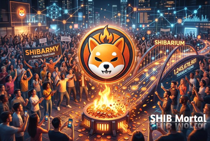 A vibrant digital artwork showing a large crowd gathered around a Shiba Inu coin and a flaming cauldron of coins, with banners reading 'SHIBARMY' and 'SHIBARIUM' alongside a transaction counter displaying 1,245,678,901.