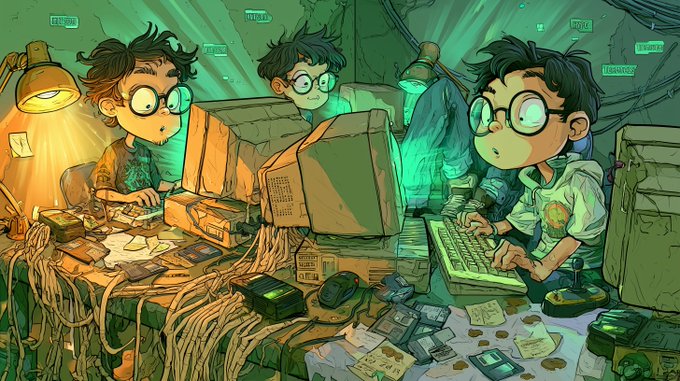 A cartoon-style illustration shows three bespectacled, dark-haired characters working at a cluttered, dimly lit desk with computers, scattered papers, and tangled wires bathed in green and yellow lighting, suggesting a hacker or tech enthusiast scene. The image aligns with the post promoting an NFT mint for "Hypeterminals," depicting the digital creators or early adopters behind the project.