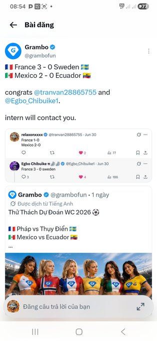 A Twitter/X post from Grambo (@grambofun) congratulating @tranvan28865755 and @Egbo_Chibuike1 on correctly predicting soccer match scores (France 3-0 Sweden, Mexico 2-0 Ecuador), with an attached translation showing a World Cup 2026 prediction challenge.