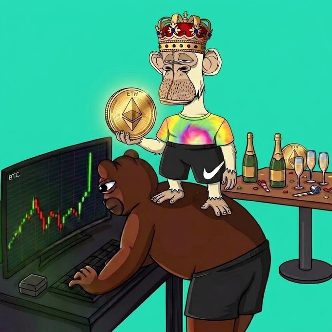 A cartoon illustration shows a Bored Ape NFT character wearing a crown and tie-dye shirt holding an Ethereum (ETH) coin while standing on a bear in front of a computer displaying a Bitcoin (BTC) chart.
