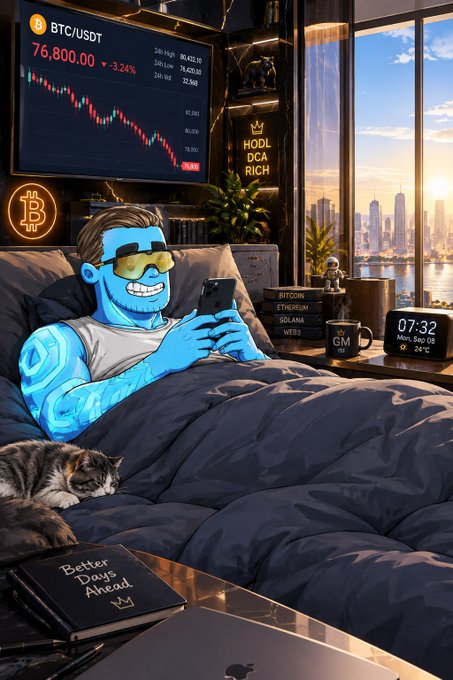 A stylized illustration of a blue-skinned character wearing yellow sunglasses, lying in bed and looking at a smartphone, with a Bitcoin chart displaying 'BTC/USDT 76,800.00' in the background.