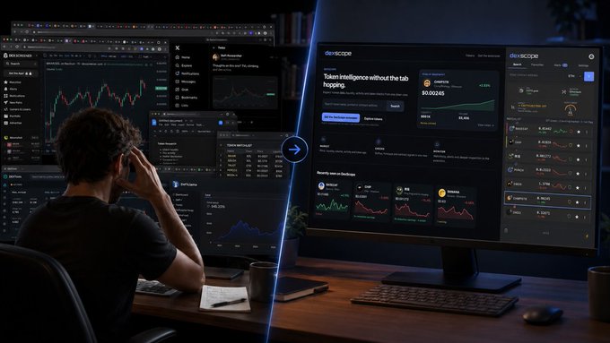 A split-screen promotional image shows a man using a multi-window trading interface on the left and a single-screen 'Token Intelligence' dashboard on the right, highlighting dexcheck.cc and dexcheck.app.