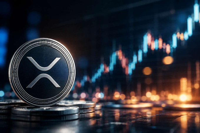 A silver coin featuring the XRP logo stands upright on a reflective surface, set against a dark background with illuminated blue and orange financial chart line graphs.
