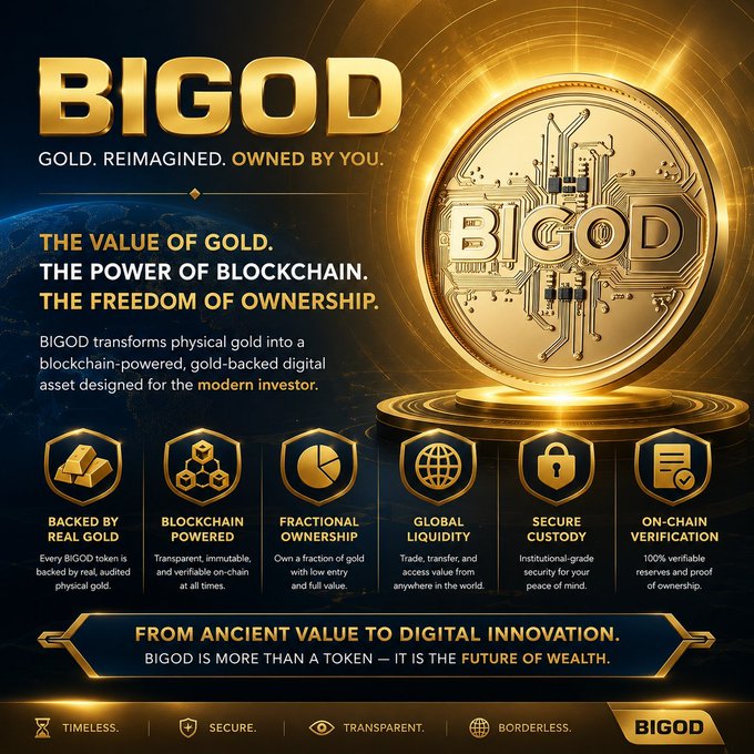 An advertisement for 'BIGOD', a gold-backed cryptocurrency, featuring a digital gold coin with the text 'GOLD. REIMAGINED. OWNED BY YOU' and highlighting features like 'BACKED BY REAL GOLD', 'BLOCKCHAIN POWERED', and 'GLOBAL LIQUIDITY'.