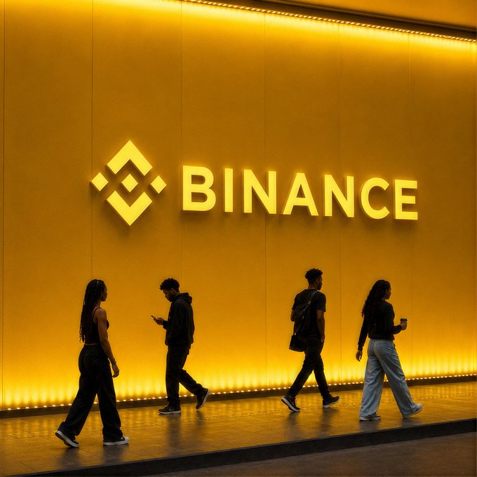 Four people walk past a large, illuminated yellow wall featuring the Binance logo and name, bathed in warm amber lighting. The scene captures a relaxed Friday evening vibe as the silhouetted figures stroll leisurely, dressed casually with one checking their phone.