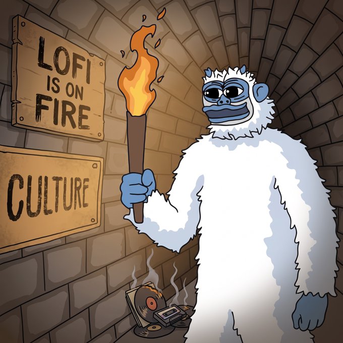 A cartoon illustration of a yeti-like white furry creature holding a torch in a stone corridor, next to signs reading 'LOFI IS ON FIRE' and 'CULTURE', with vinyl records burning on the floor.