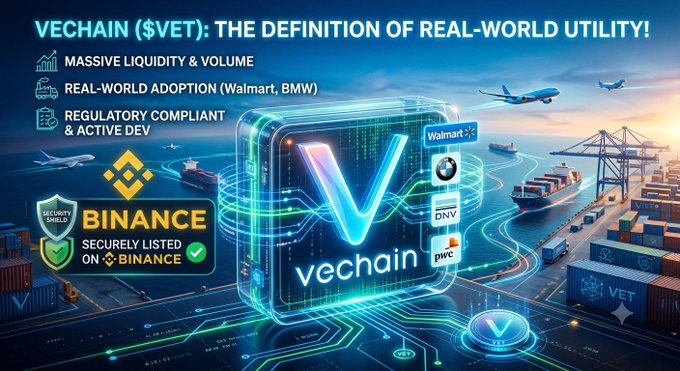 A promotional image for VeChain ($VET) emphasizing real-world utility with massive liquidity, adoption by Walmart and BMW, regulatory compliance, and secure listing on Binance.