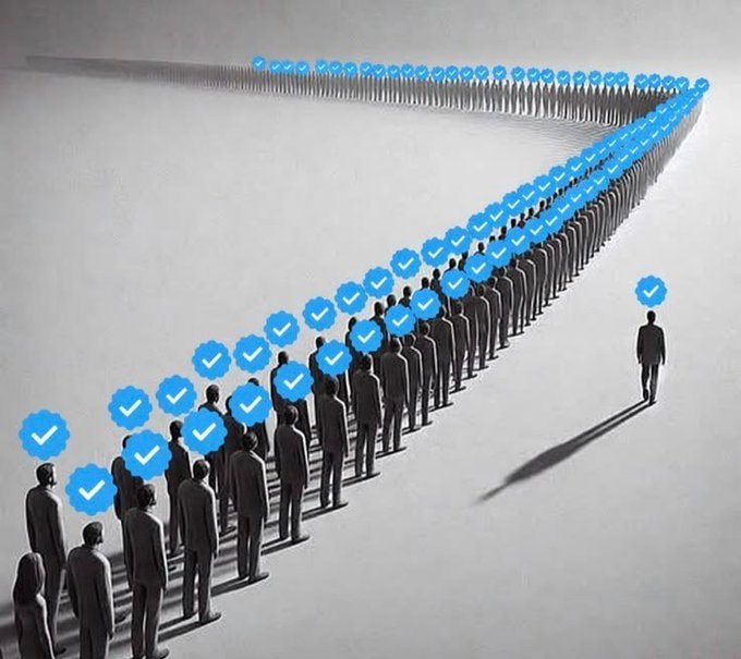 Conceptual image of a long line of identical gray human figures with blue checkmark icons above them, with one lone figure walking away from the crowd in a different direction.