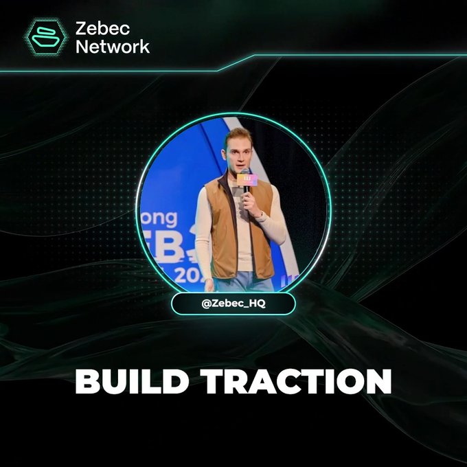 A promotional graphic for 'Zebec Network' with the tagline 'BUILD TRACTION', featuring a circular photo of a man with a microphone and the handle '@Zebec_HQ'.