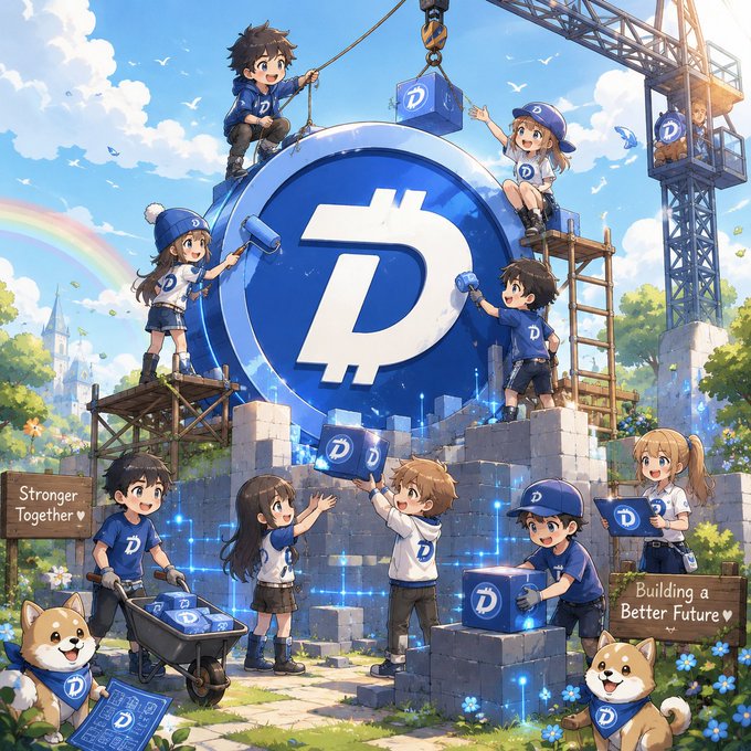 An anime-style illustration depicts children in blue shirts with 'D' logos collaboratively constructing a large Digital Coin symbol, with signs reading 'Stronger Together' and 'Building a Better Future'.