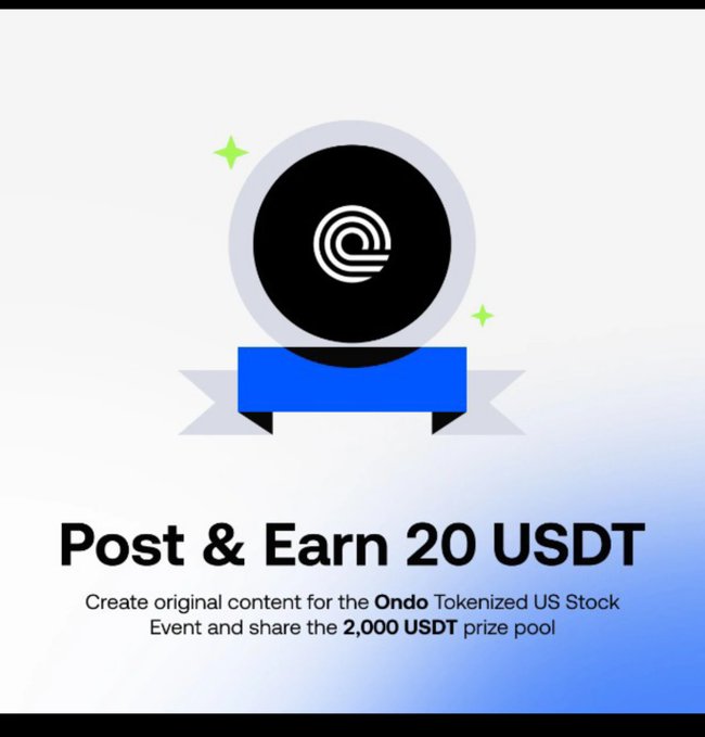 A promotional graphic offering "Post & Earn 20 USDT," inviting users to create original content for the Ondo Tokenized US Stock Event and share in a 2,000 USDT prize pool.