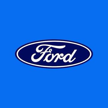 The image displays the iconic blue and white Ford logo, the emblem of the Ford Motor Company, set against a bright blue background. In the context of the post, the Ford logo represents the legacy automaker that has just been surpassed in market capitalization by the cryptocurrency XRP, highlighting a notable shift in financial value from traditional industry to digital assets.