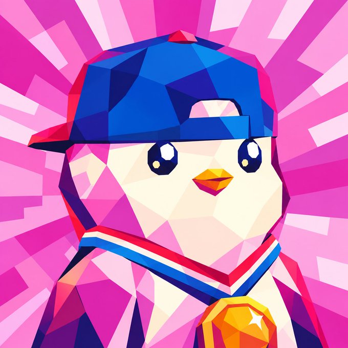 A geometric/low-poly style illustration of a cute penguin character wearing a blue baseball cap and holding a gold medal against a pink radial burst background.