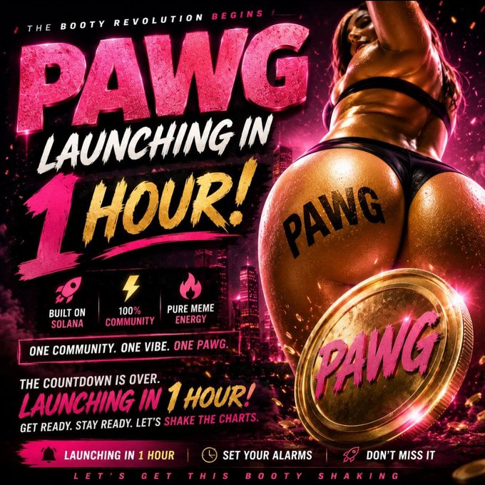 A promotional countdown image for the "PAWG" meme coin on Solana, featuring bold pink and gold text declaring "LAUNCHING IN 1 HOUR!" alongside a stylized figure and a branded gold coin, directly matching the post's hype about the imminent 1-hour launch.