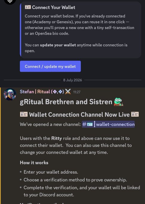 A screenshot of a Discord interface showing a "Connect Your Wallet" section and a message from "Stefan | Ritual" announcing the "Wallet Connection Channel Now Live" for gRitual Brethren and Sistren.