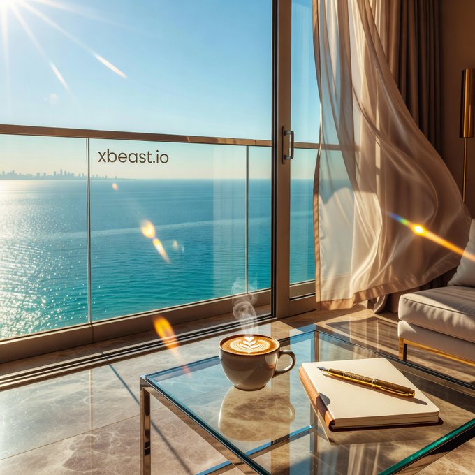 An interior view of a sunlit balcony overlooking the ocean, featuring a glass coffee table with a steaming latte, a notebook, and a gold pen, with 'xbeast.io' watermarked on the glass railing.