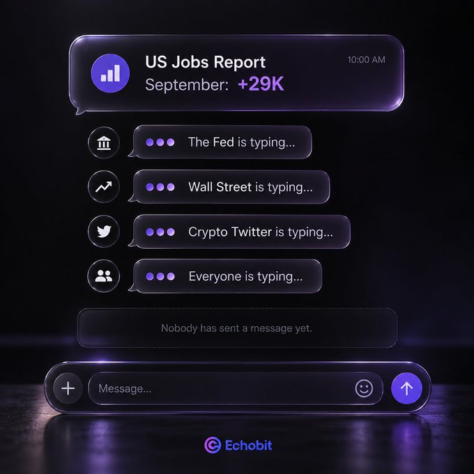 A chat interface from 'Echobit' showing a message about the 'US Jobs Report' at '10:00 AM' for 'September: +29K', with multiple users like 'The Fed', 'Wall Street', and 'Crypto Twitter' marked as typing.