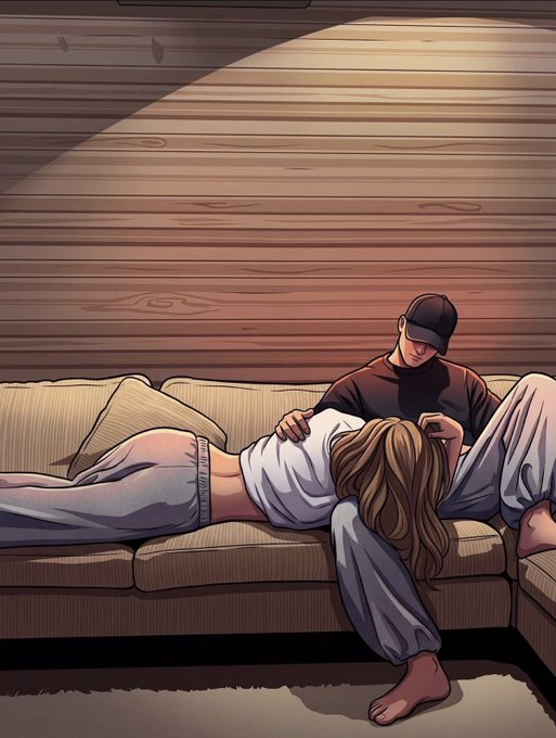 A comic-style illustration of a couple relaxing on a beige couch against wood-paneled walls, with the woman lying on the man's lap as he wears a black baseball cap and dark shirt.