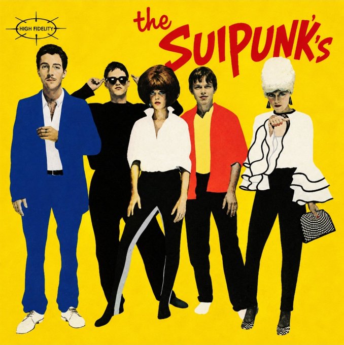 An album cover titled 'the SUIPUNK's' with a 'HIGH FIDELITY' label logo shows five stylized figures in retro fashion posing against a bright yellow background.
