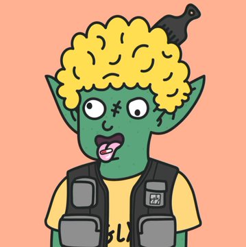 Cartoon illustration of a green-skinned goblin or troll-like character with curly blonde hair, pointed ears, facial stitches, wearing a tactical vest and yellow shirt, with a bird perched on its head against an orange background.