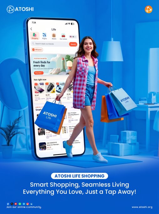 A woman stands beside a giant smartphone displaying the ATOSHI Life shopping app, holding ATOSHI shopping bags in a blue-toned room, promoting the app's tagline "Smart Shopping, Seamless Living—Everything You Love, Just a Tap Away!" with the website www.atoshi.org featured at the bottom alongside the company's mining and community-driven message.