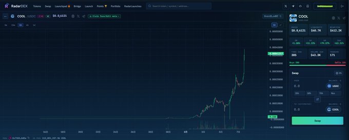 The image is a screenshot of the RadarDEX decentralized exchange interface, showing the COOL token's price chart against WUSDC, with COOL trading around $0.00000084 and a notable sharp upward spike in late July. The image relates to the post's discussion about acquiring USDC on the ARC chain, as RadarDEX is an ARC chain-based DEX where the user can swap their COOL tokens for USDC to obtain the stablecoin.