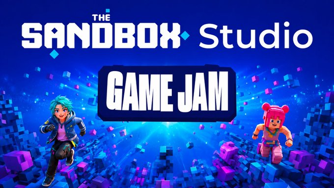 Promotional graphic reading 'THE SANDBOX Studio GAME JAM' featuring two animated characters with teal and pink hair against a vibrant blue blocky background.