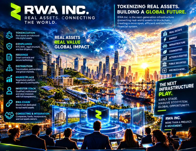 An infographic for 'RWA INC.' describing their mission of tokenizing real assets, listing features like tokenization, compliance, and blockchain infrastructure against a city backdrop.