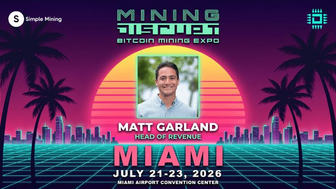 A retro-futuristic neon promotional graphic for 'MINING DISRUPT BITCOIN MINING EXPO' in Miami on July 21-23, 2026, featuring a photo of Matt Garland, Head of Revenue, with palm trees and a synthwave aesthetic.