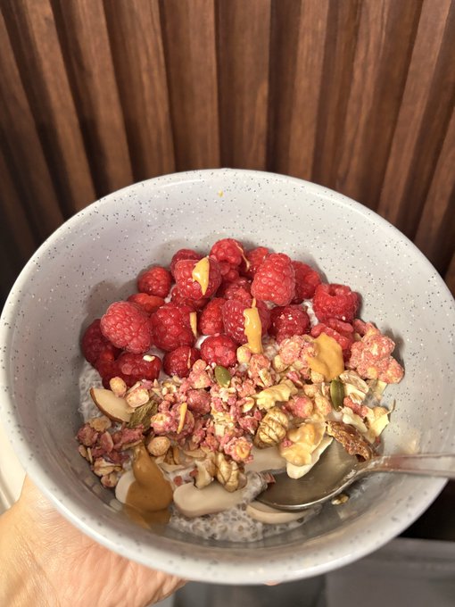 A close-up of a hand holding a speckled ceramic bowl filled with chia pudding, fresh raspberries, granola, pumpkin seeds, nuts, and drizzled with peanut butter.