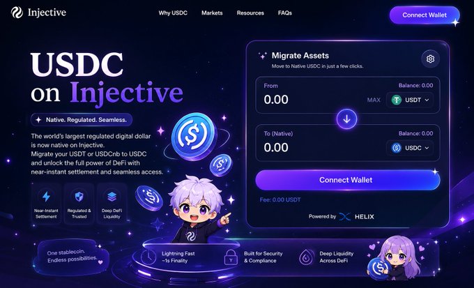 Injective website screenshot promoting 'USDC on Injective' migration tool for converting USDC/USDtb to native USDC, powered by HELIX.