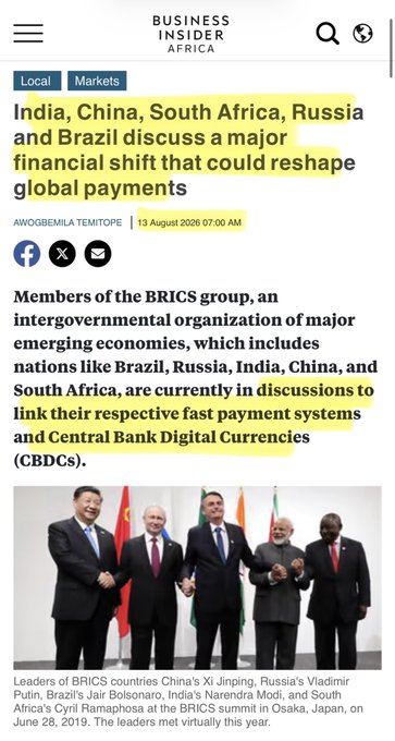 The Business Insider Africa article "India, China, South Africa, Russia and Brazil discuss a major financial shift that could reshape global payments" highlights the BRICS group's discussions on linking payment systems and CBDCs, a topic reflected in the image showing the leaders of these nations.