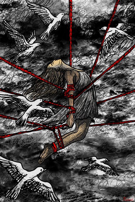 A figure bound by red strings floats upward through a turbulent, scribbled sky surrounded by white birds in flight, visually echoing the "Soul Liberation" theme of the 1/1 NFT listing. The imagery of the woman escaping tangled bonds while ascending among the birds conveys the idea of spiritual release central to the artwork's concept.