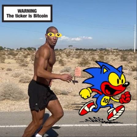 A surreal composite image showing a shirtless man running alongside Sonic the Hedgehog on a desert road, with a meme-style caption reading 'WARNING The ticker is Bitcoin' and a distorted face with yellow googly eyes.