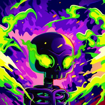 A vibrant digital illustration of a black skull with glowing green eyes surrounded by neon green flames against a purple background.