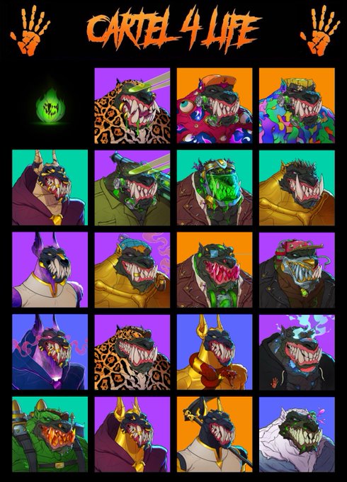 A colorful NFT-style digital art collection titled 'CARTEL 4 LIFE' featuring a grid of menacing cartoon crocodile/reptilian characters with sharp teeth, masks, and various accessories in vibrant colors.