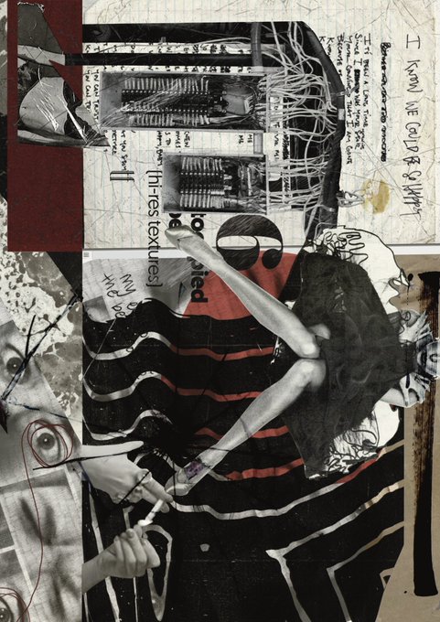 The image is a digital collage featuring various elements, including text, images of people's faces, and other objects such as chairs and books. The collage appears to be a mix of different media art styles, with some elements being more prominent than others. The post on social media has the caption "Gm art lovers" written in white letters at the bottom right corner of the image.