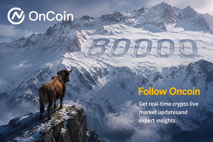 Marketing image for 'OnCoin' showing a bull standing on a mountain cliff with '80000' carved into the snow, advertising real-time crypto market updates and expert insights.