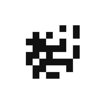 A black and white pixelated graphic of a stylized character or robot-like figure.