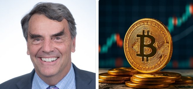 Split image showing Tim Draper on the left (man with gray hair smiling in a suit) and a gold Bitcoin coin on a stack of coins with a cryptocurrency price chart in the background on the right.