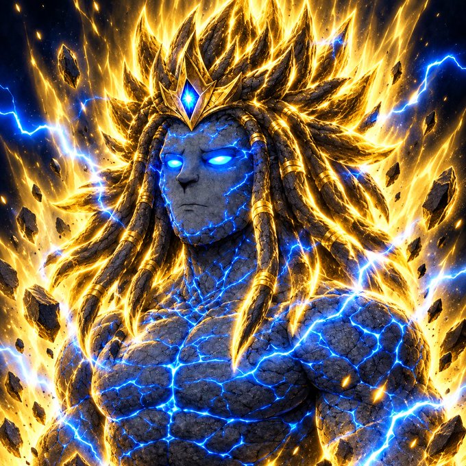 A dramatic digital illustration of a powerful stone-like warrior with glowing blue eyes and blue energy crackling across his body, surrounded by golden flames and floating debris.