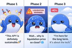 A three-panel comic shows a blue whale character reacting to a 'LIQUIDATION WARNING' with captions: 'This APY is definitely sustainable,' 'Wait... why is liquidation price so close?' and 'I'm here for the long term. It's about the tech.'