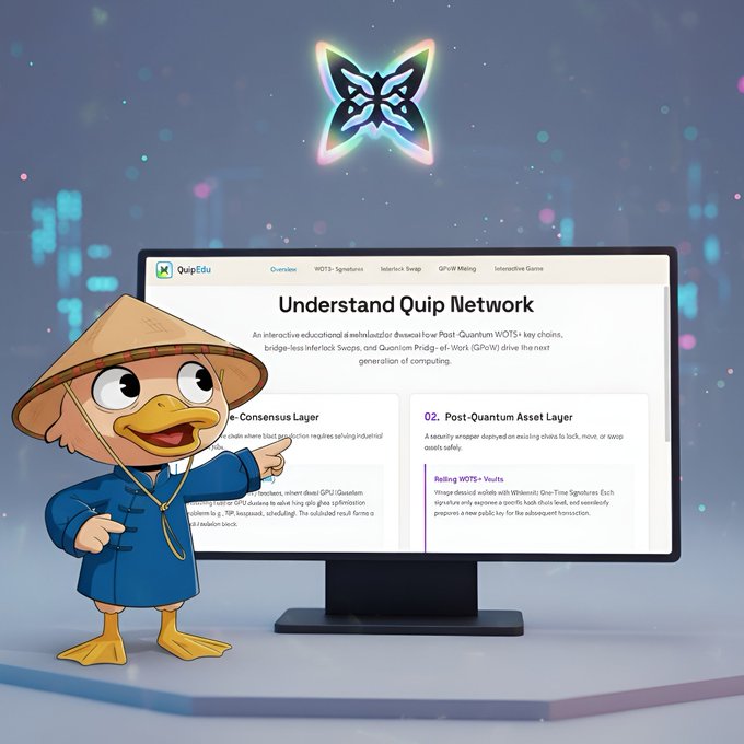 The image features a cartoon duck standing next to a computer monitor displaying information about Quip Network. The duck, wearing a hat, seems to be pointing at something on the screen while standing near the monitor. The text "Understanding Quip Network" is visible in the image, and there are descriptions of how Quip Network works under the hood. The post also mentions that the Quip community has already built tools to help people understand this network better.