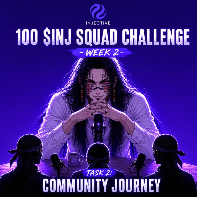 The image features a poster for an online campaign called "100 SINJ Squad Challenge" with a group of people sitting around a table listening to a podcast or radio show. The poster includes text that reads "100 SINJ Squad Challenge - Week 2". There are three people in the image, one on each side and another person at the center who is wearing a headset. They appear to be engaged in a discussion about something related to the campaign.
