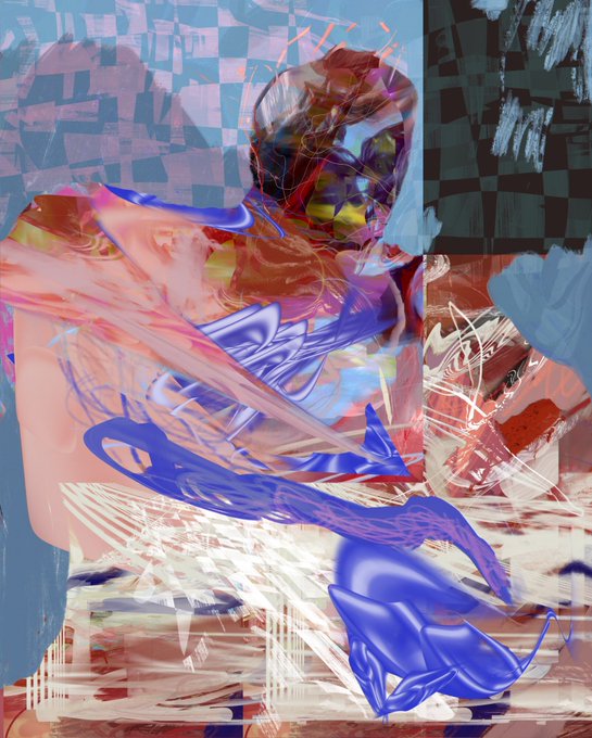 An abstract digital art piece featuring a distorted blue humanoid figure against a chaotic background of pink, blue, and white glitch-like textures with checkerboard patterns.