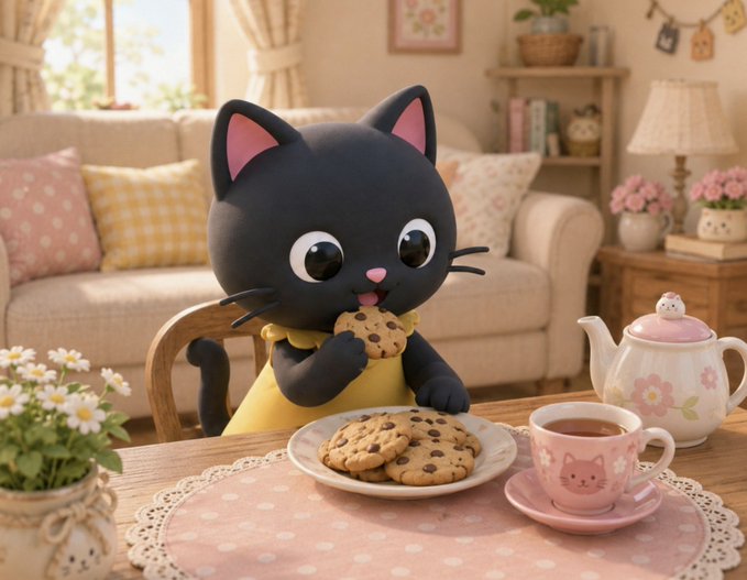An animated black cat in a yellow dress eating a chocolate chip cookie at a table with a teapot and a 'Don't Tread on Me' doormat visible in the background.