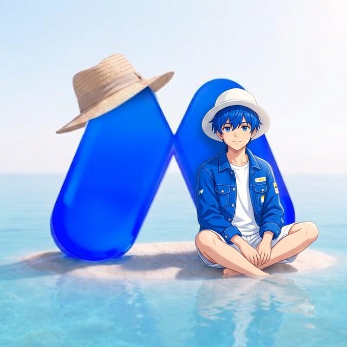 An anime-style illustration of a blue-haired character wearing a white hat and blue jacket, sitting cross-legged in shallow water next to a large, blue, pill-shaped object wearing a straw hat.