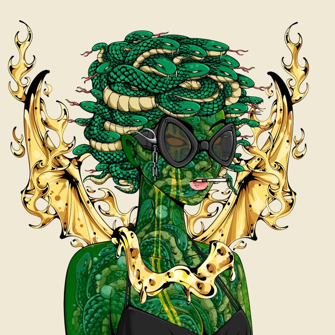 The image features a woman with green skin, wearing sunglasses and a black dress. She has multiple snakes wrapped around her head, creating an interesting and unique appearance. The background of the image is white, which contrasts with the vibrant colors of the woman's outfit and snakes. There are also gold elements in the scene, such as a necklace that adds to the overall visual appeal. The post mentions that Nuddies #2102 has been sold for 
7 SOL Collectors, indicating that this artwork might be valuable or sought after by collectors.